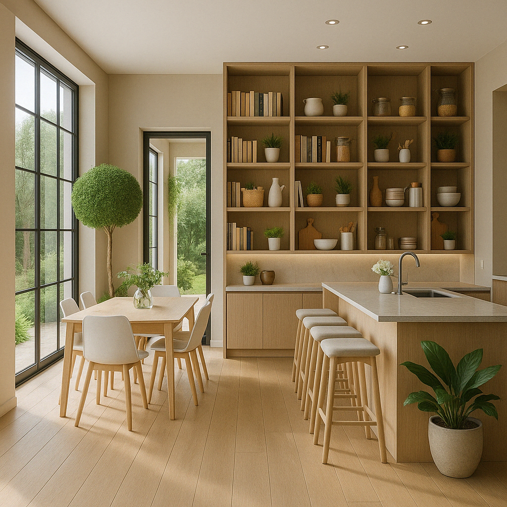 Cocina de estilo natural con mobiliario en madera clara, iluminación cálida y conexión visual con el exterior, diseñada por Ane Valverde Interiorismo en Donostia - San Sebastián