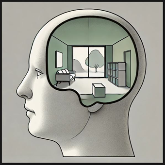 Ilustración conceptual de neuro interiorismo que representa una cabeza humana con un espacio interior habitable, realizada por Ane Valverde Interiorismo en Donostia - San Sebastián