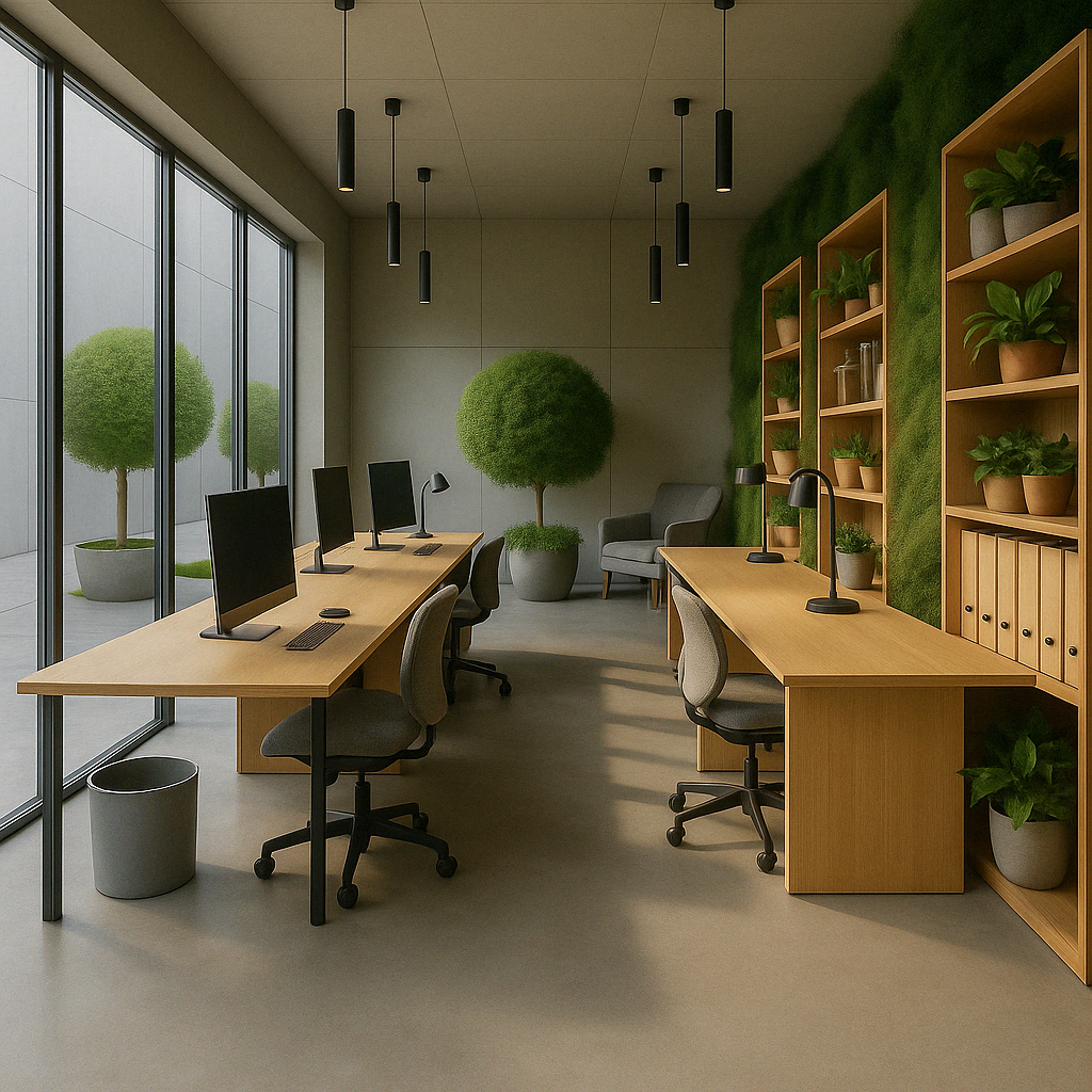 Oficina con diseño biofílico y mobiliario de madera natural realizada por Ane Valverde Interiorismo en Donostia - San Sebastián