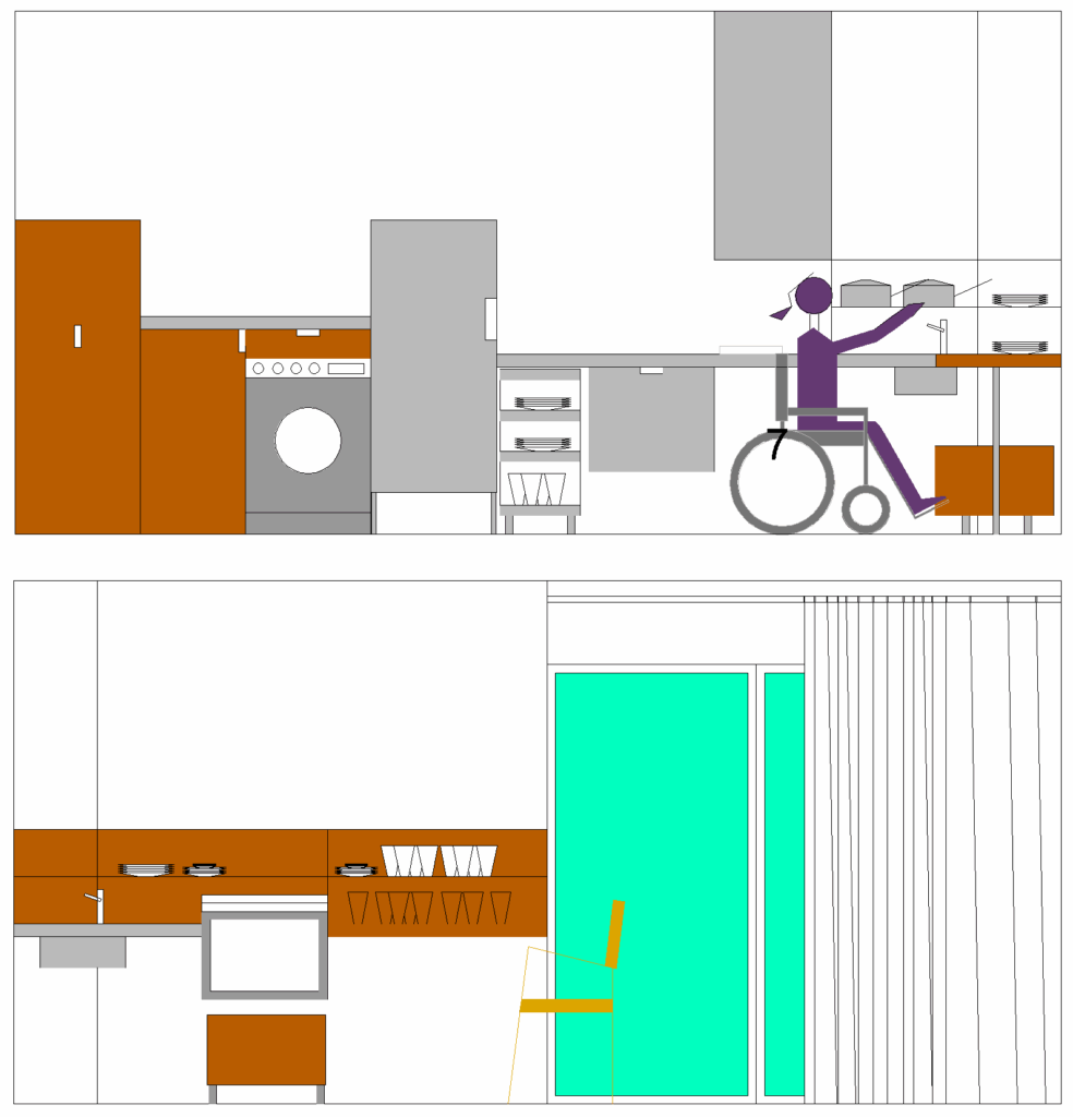 alzado cocina vivienda accesible diseno universal erabakiz png - Soy Ane Valverde, diseñadora y arquitecta de interiores colegiada en Donostia. Desde 1990 transformo viviendas y espacios públicos con un enfoque personalizado, sostenible y funcional. A través del neurointeriorismo y el ecodiseño, optimizo luz, espacio y presupuesto, reutilizando materiales y dirigiendo cada proyecto con rigor, creatividad y cercanía. alzados cocina de la vivienda accesible del proyecto Erabakiz, diseñada con criterios de diseño universal y soluciones flexibles para favorecer la vida independiente.