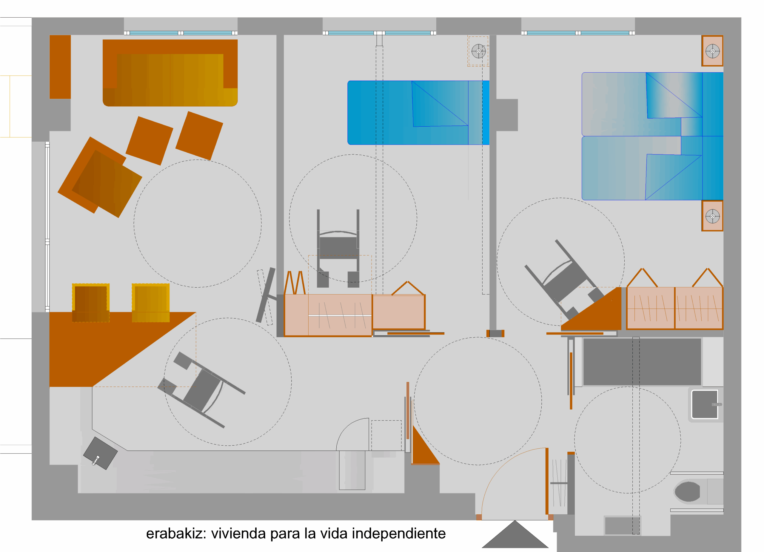 Plano de la vivienda accesible del proyecto Erabakiz, diseñada con criterios de diseño universal y soluciones flexibles para favorecer la vida independiente.